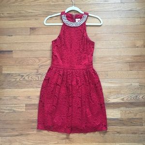 VGUC red lace dress with beaded neckline